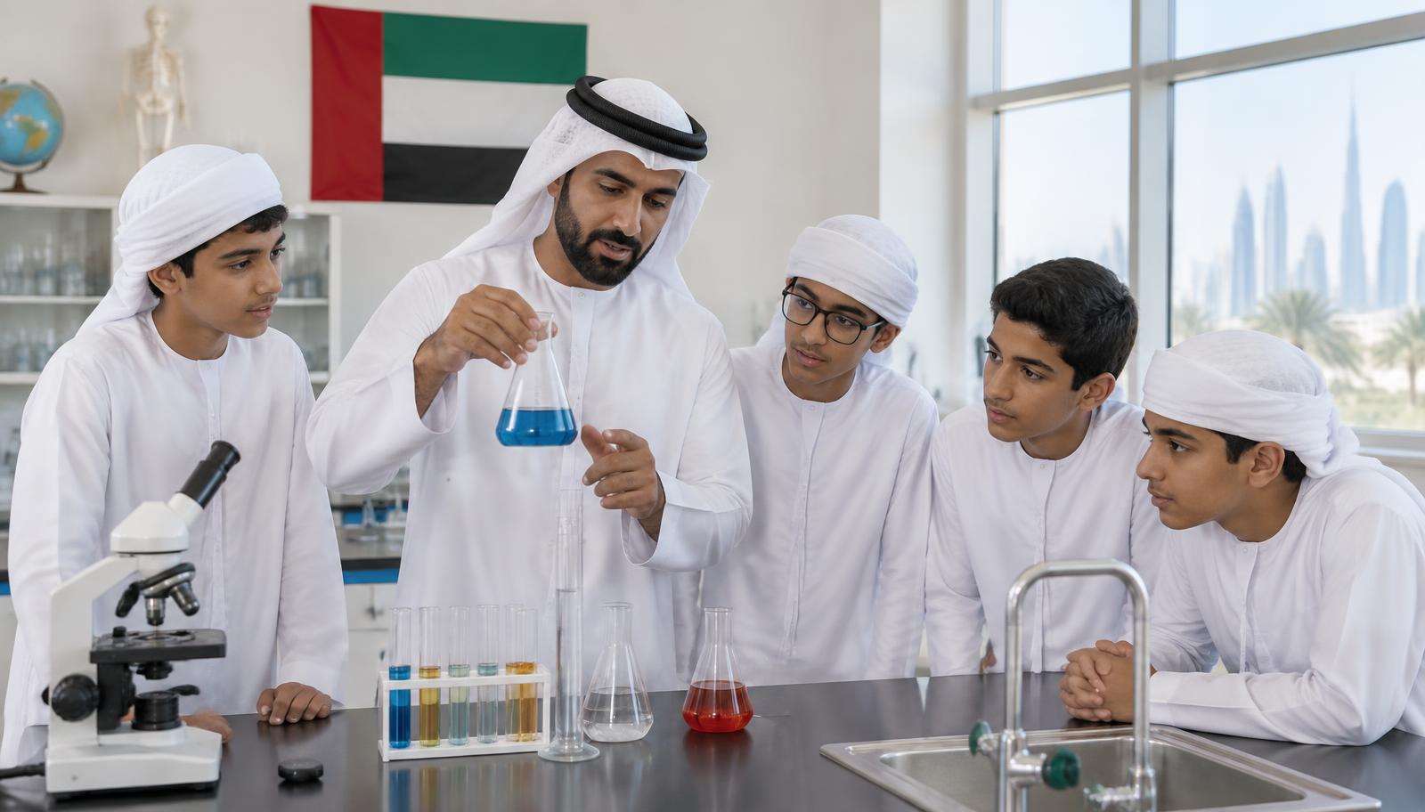 معلم يشرح تجربة معملية لمجموعة طلاب وعلم الإمارات خلفهم