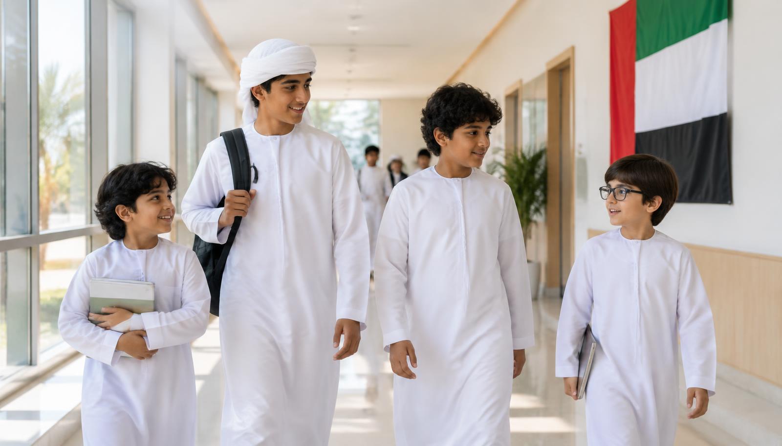 طلاب يمشون معًا في ممر المدرسة وعلم الإمارات معلق