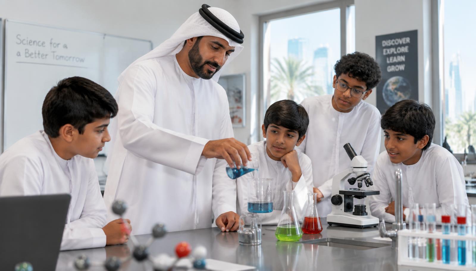 معلم يجري تجربة كيميائية أمام طلابه في المختبر